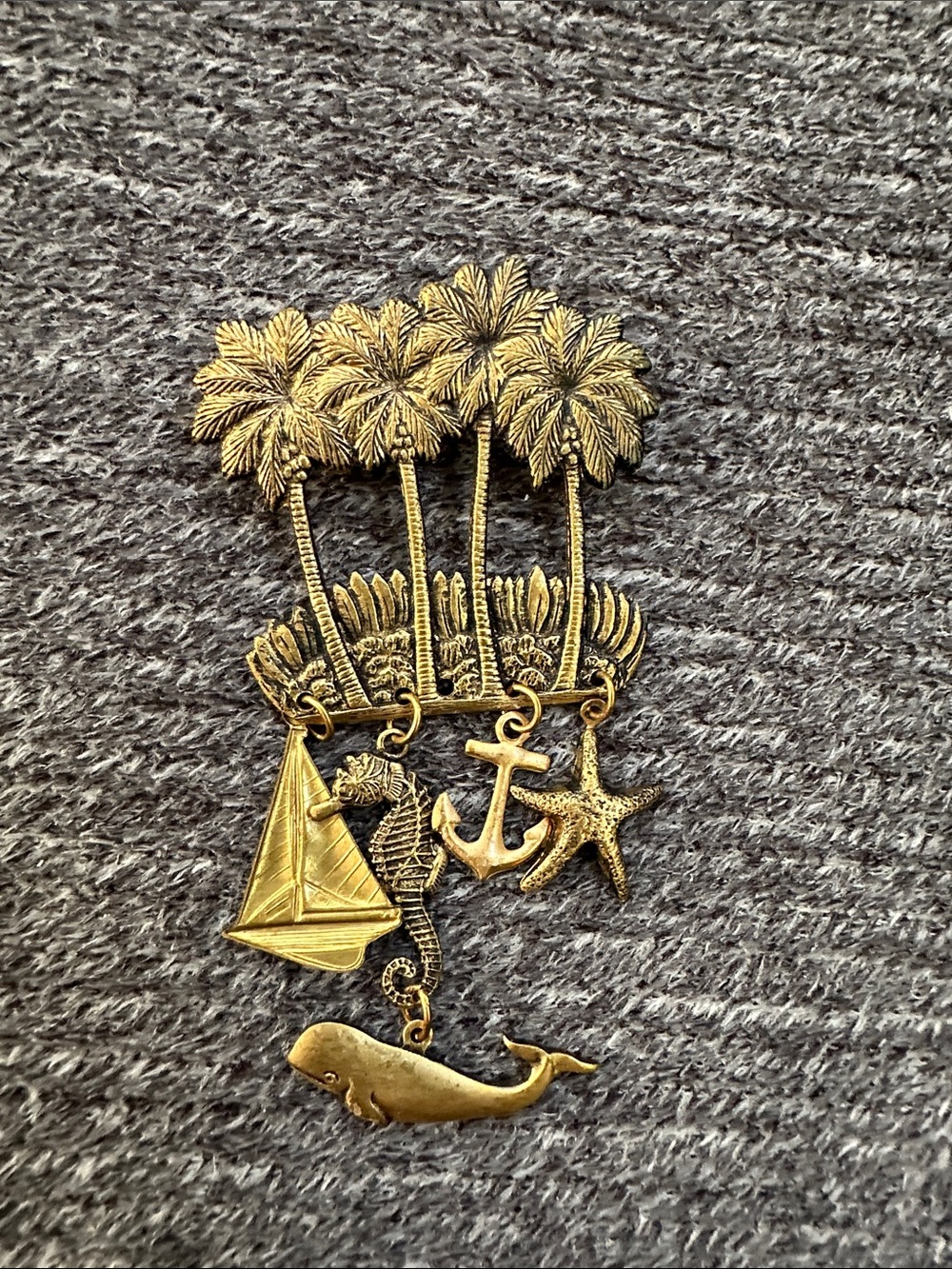 Vintage Coastal Palm Tree pin with Gold Sea Charms